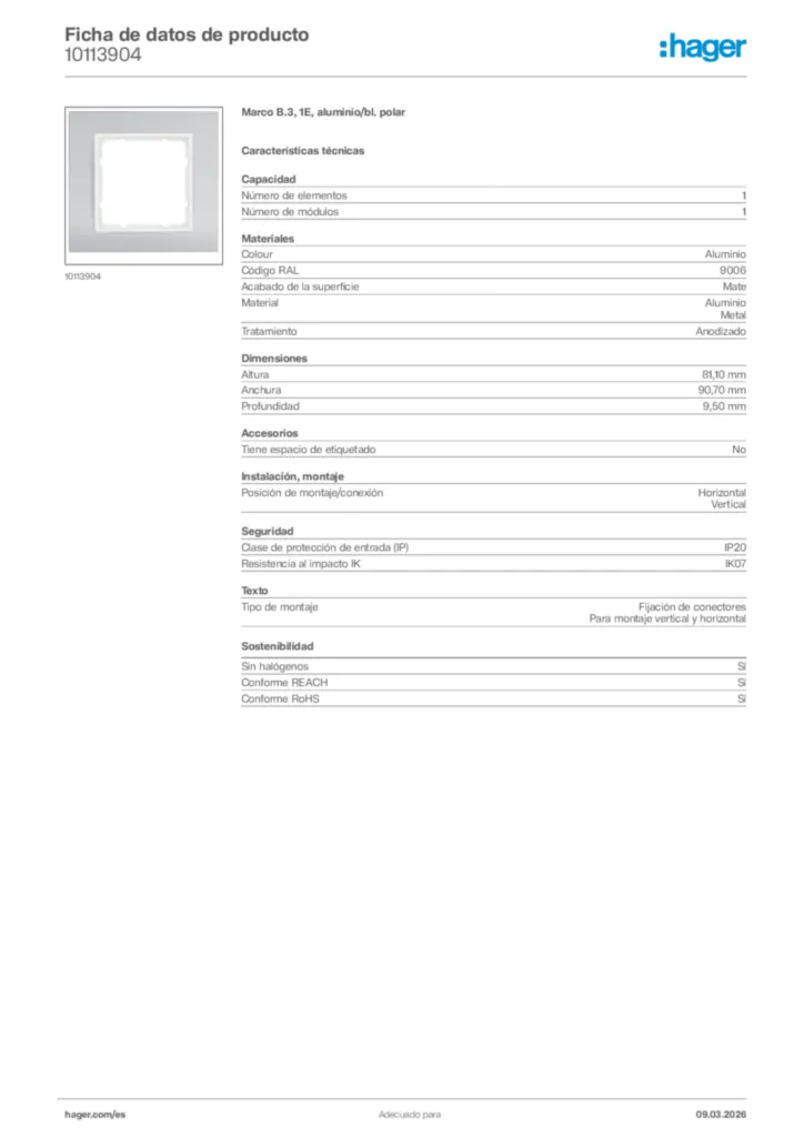 Imagen Hager Ficha de datos de producto 10113904 | Hager España