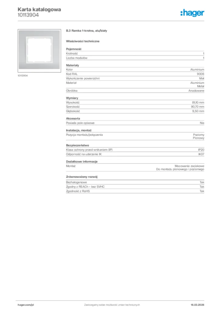 Zdjęcie Hager Karta katalogowa 10113904 | Hager Polska
