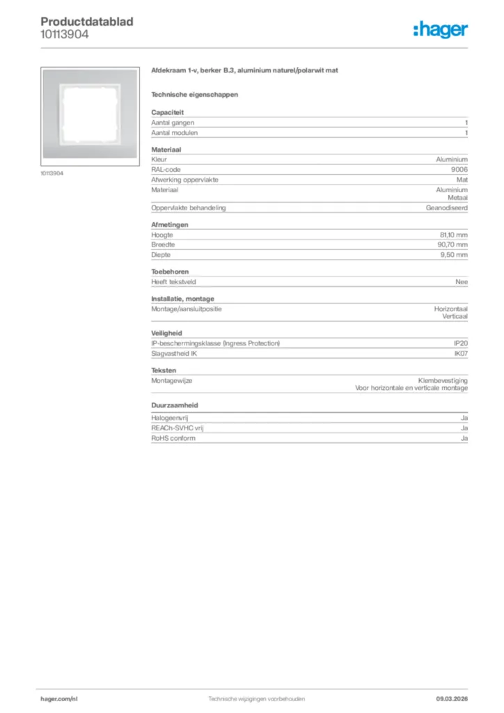 Afbeelding Hager Productdatablad 10113904 | Hager Nederland