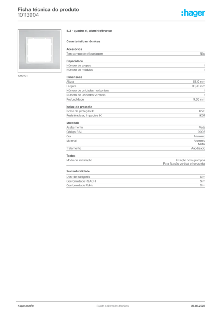 Imagem Hager Ficha técnica do produto 10113904 | Hager Portugal
