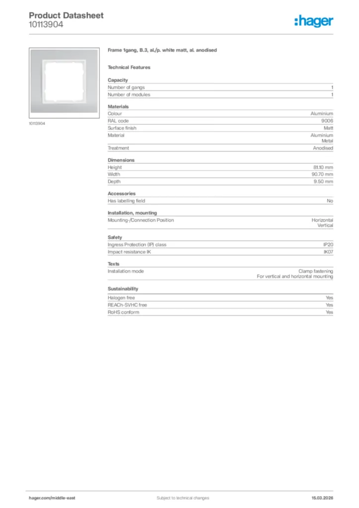 Image Hager Product data sheet 10113904  | Hager