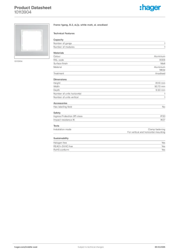 Image Hager Product data sheet 10113904  | Hager