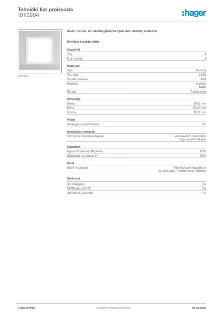 Slika Hager Tehnički list proizvoda 10113904  | Hager