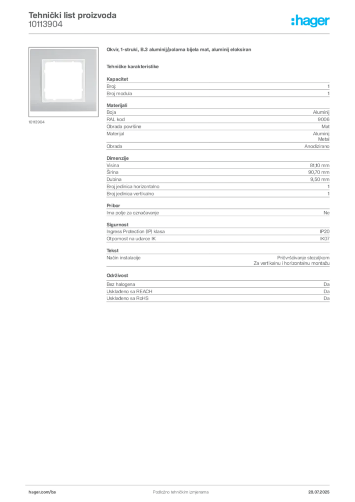 Slika Hager Product data sheet 10113904  | Hager