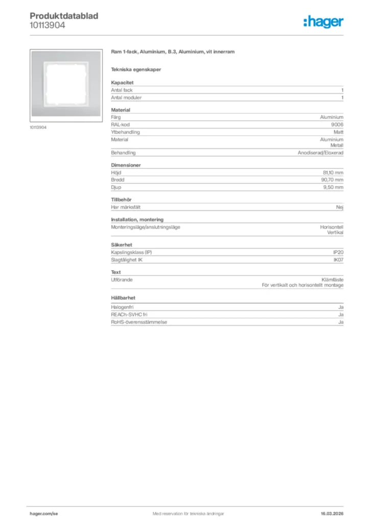 Bild Hager Produktdatablad 10113904 | Hager Sverige
