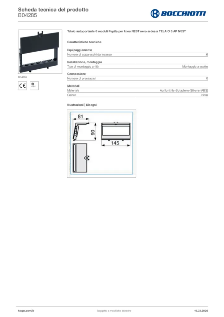 Immagine Bocchiotti Scheda tecnica del prodotto B04285 | Hager Italia