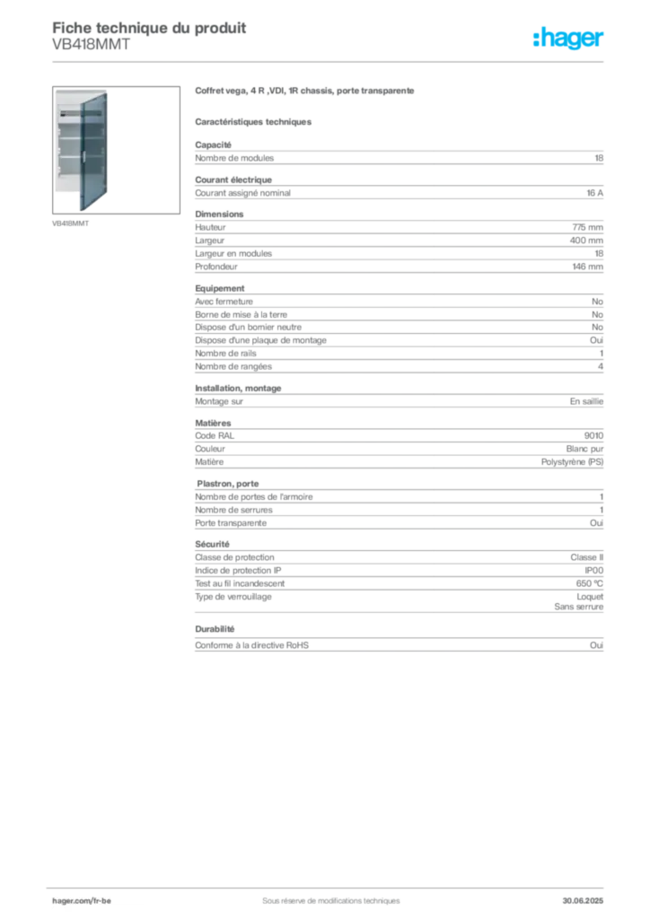 Image Hager Fiche technique du produit VB418MMT | Hager Belgique