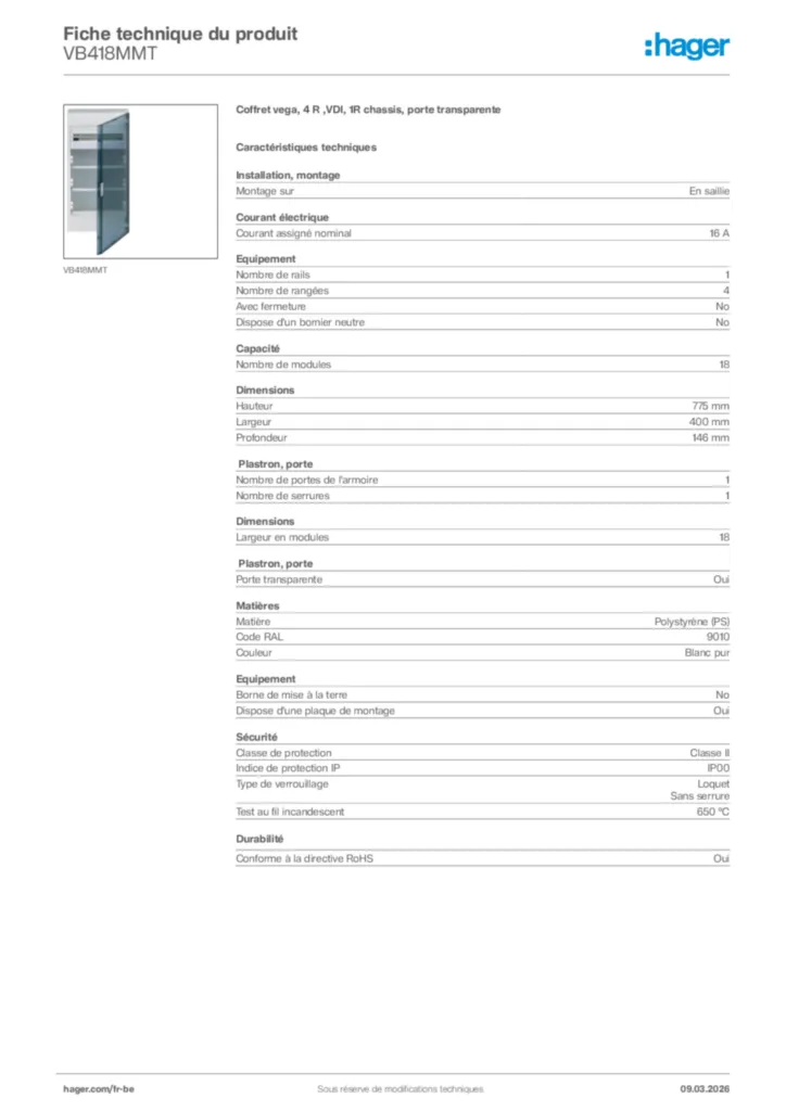 Image Hager Fiche technique du produit VB418MMT | Hager Belgique