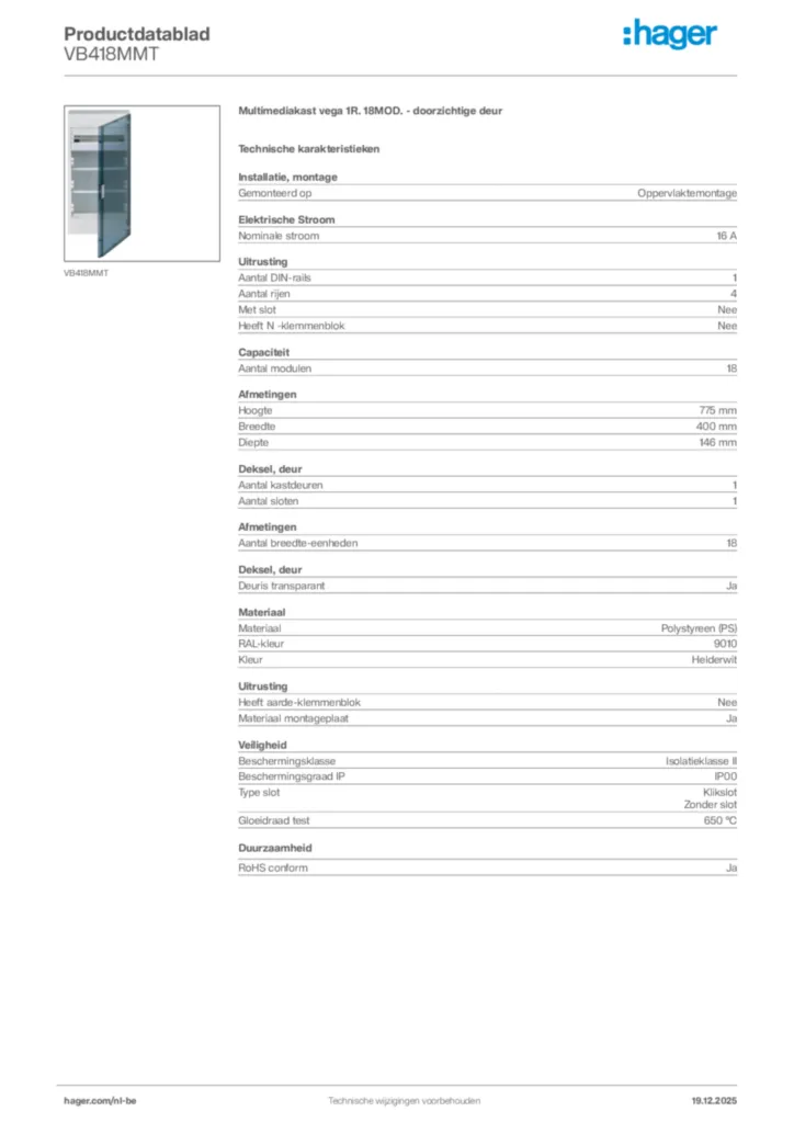 Afbeelding Hager Productdatablad VB418MMT | Hager Belgium