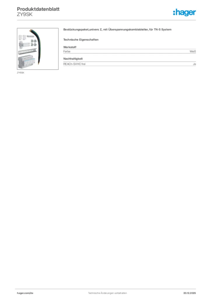 Bild Hager Produktdatenblatt ZY9SK | Hager Deutschland