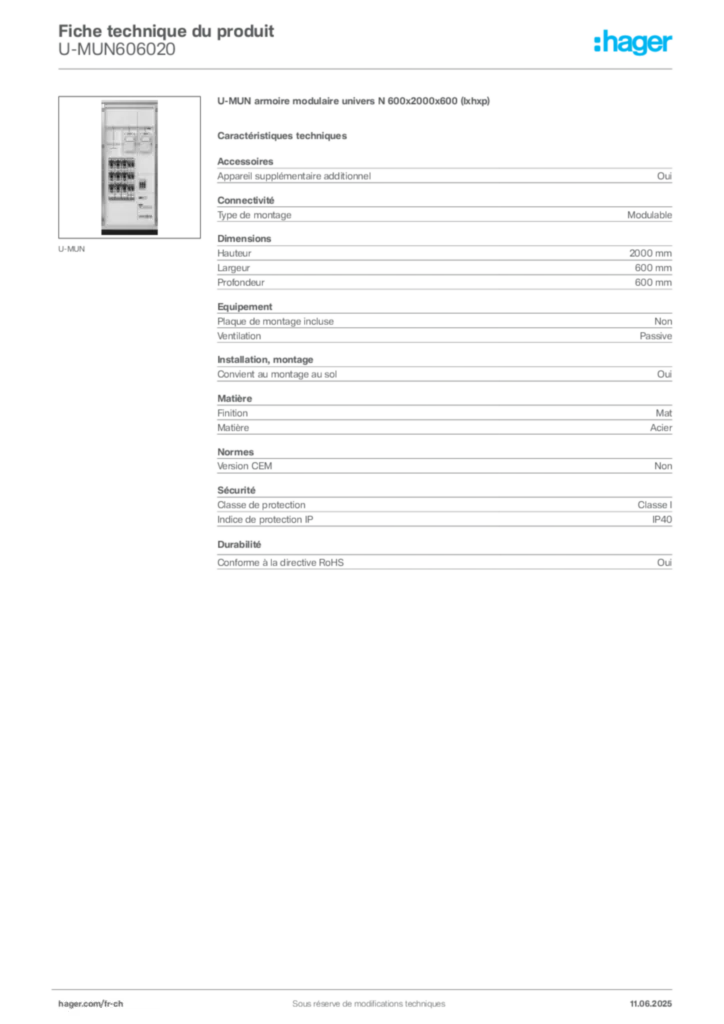 Image Hager Fiche technique du produit U-MUN606020 | Hager Suisse