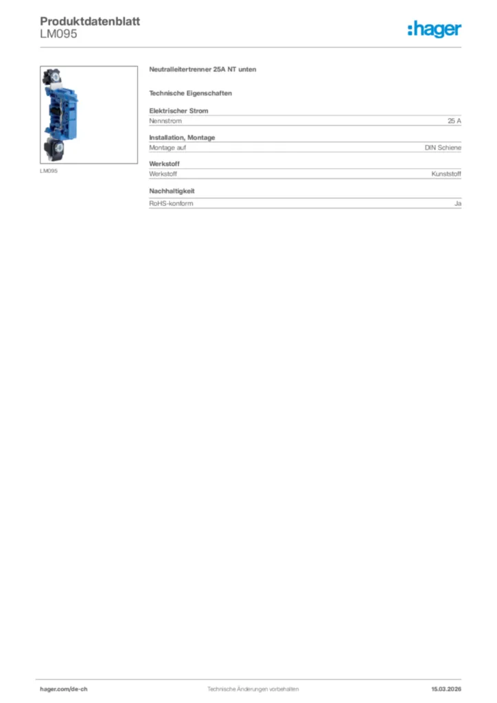 Bild Hager Produktdatenblatt LM095 | Hager Schweiz