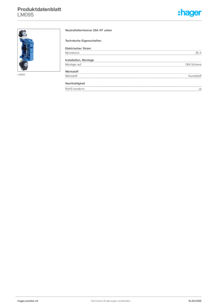 Bild Hager Produktdatenblatt LM095 | Hager Schweiz