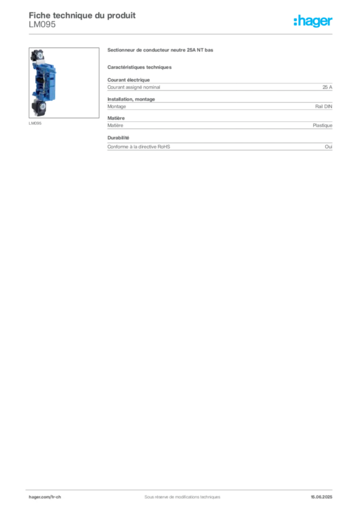 Image Hager Fiche technique du produit LM095 | Hager Suisse