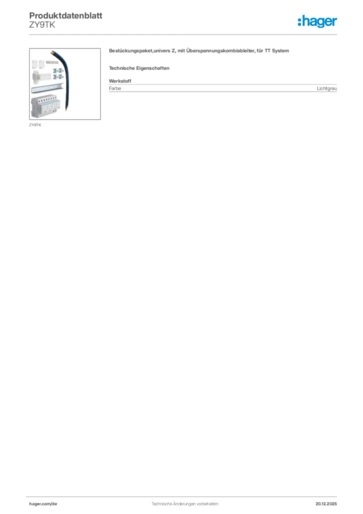 Bild Hager Produktdatenblatt ZY9TK | Hager Deutschland