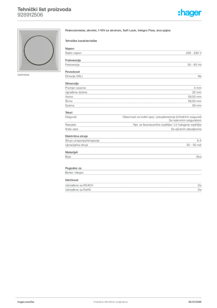 Slika Hager Product data sheet 928912506  | Hager