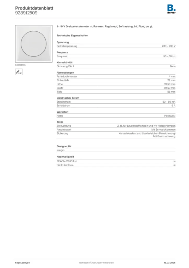 Bild Berker Produktdatenblatt 928912509 | Hager Deutschland