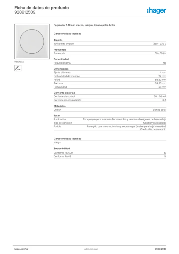 Imagen Hager Ficha de datos de producto 928912509 | Hager España