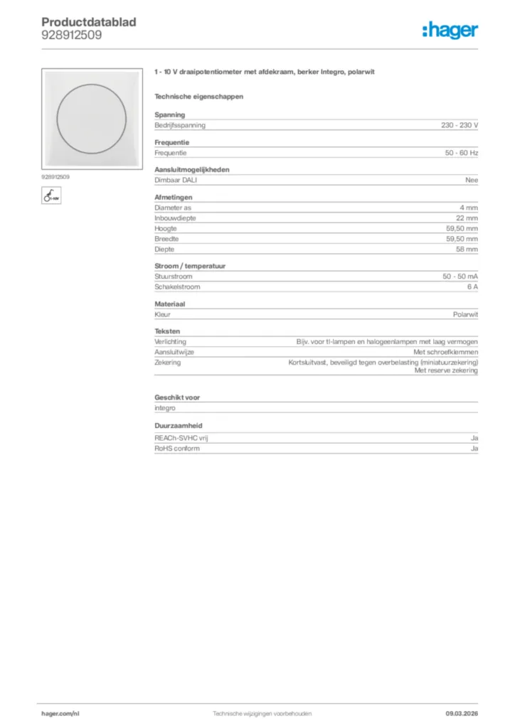 Afbeelding Hager Productdatablad 928912509 | Hager Nederland