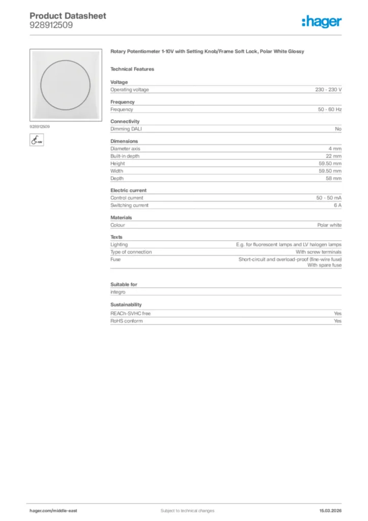 Image Hager Product data sheet 928912509  | Hager