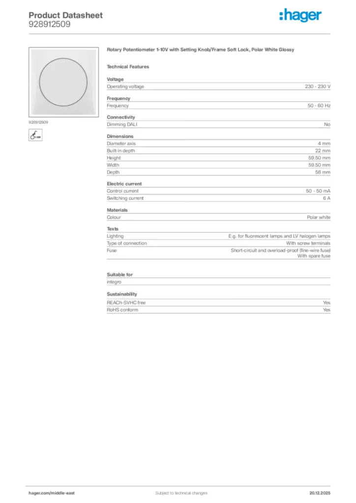 Image Hager Product data sheet 928912509  | Hager