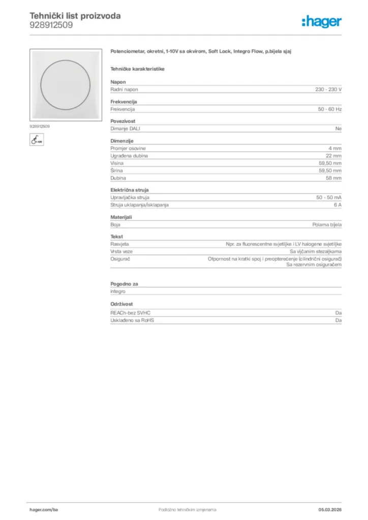 Slika Hager Tehnički list proizvoda 928912509  | Hager