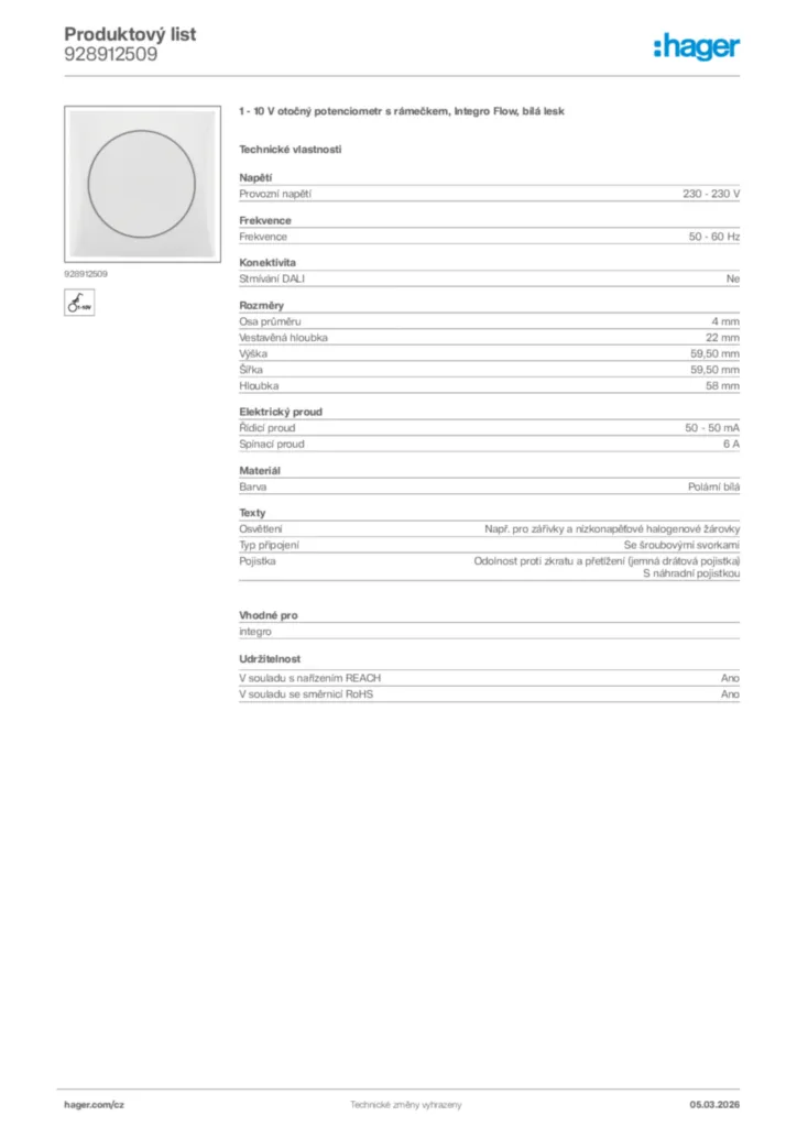 Obrázek Hager Product data sheet 928912509 | Hager