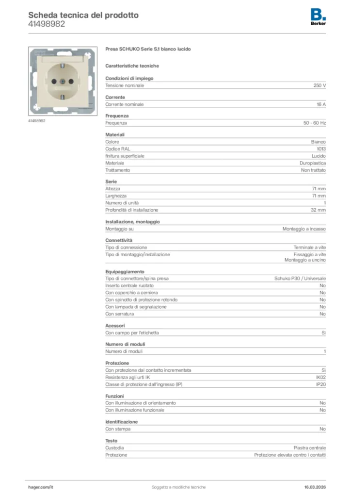 Immagine Berker Scheda tecnica del prodotto 41498982 | Hager Italia