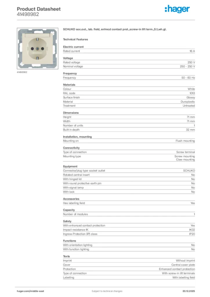 Image Hager Product data sheet 41498982  | Hager