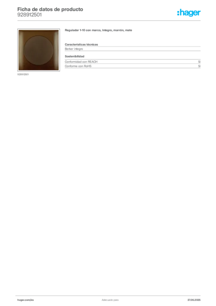 Imagen Hager Ficha de datos de producto 928912501 | Hager España