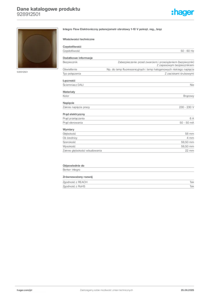 Zdjęcie Hager Karta katalogowa 928912501 | Hager Polska