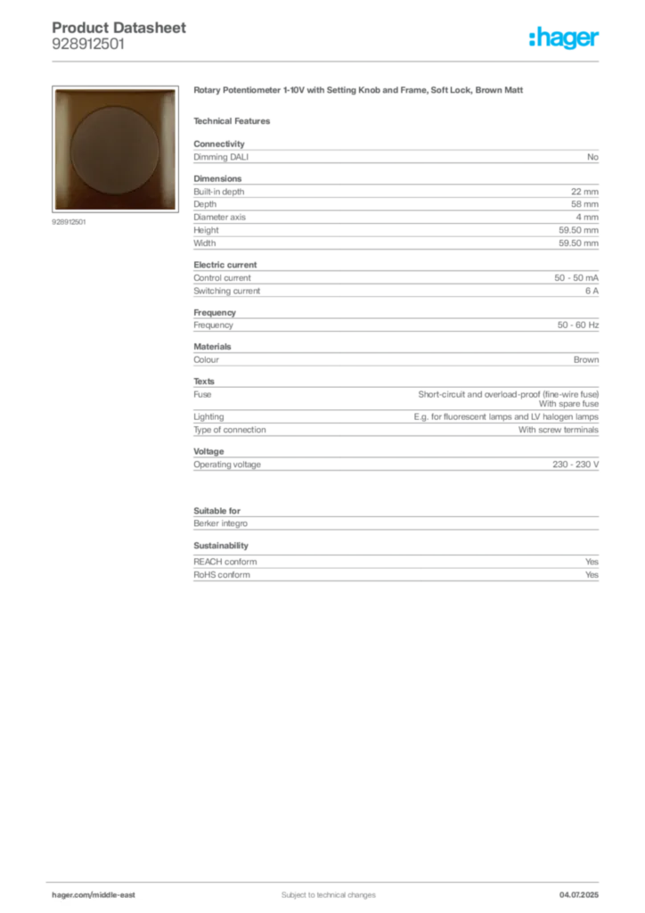 Image Hager Product data sheet 928912501  | Hager
