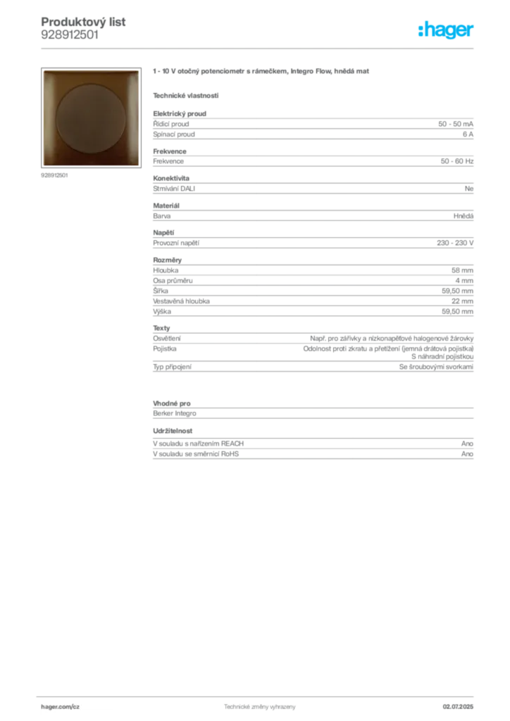 Obrázek Hager Produktový list 928912501 | Hager