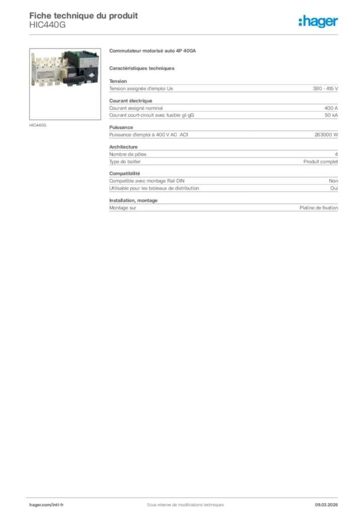 Image Hager Fiche technique du produit HIC440G | Hager Afrique
