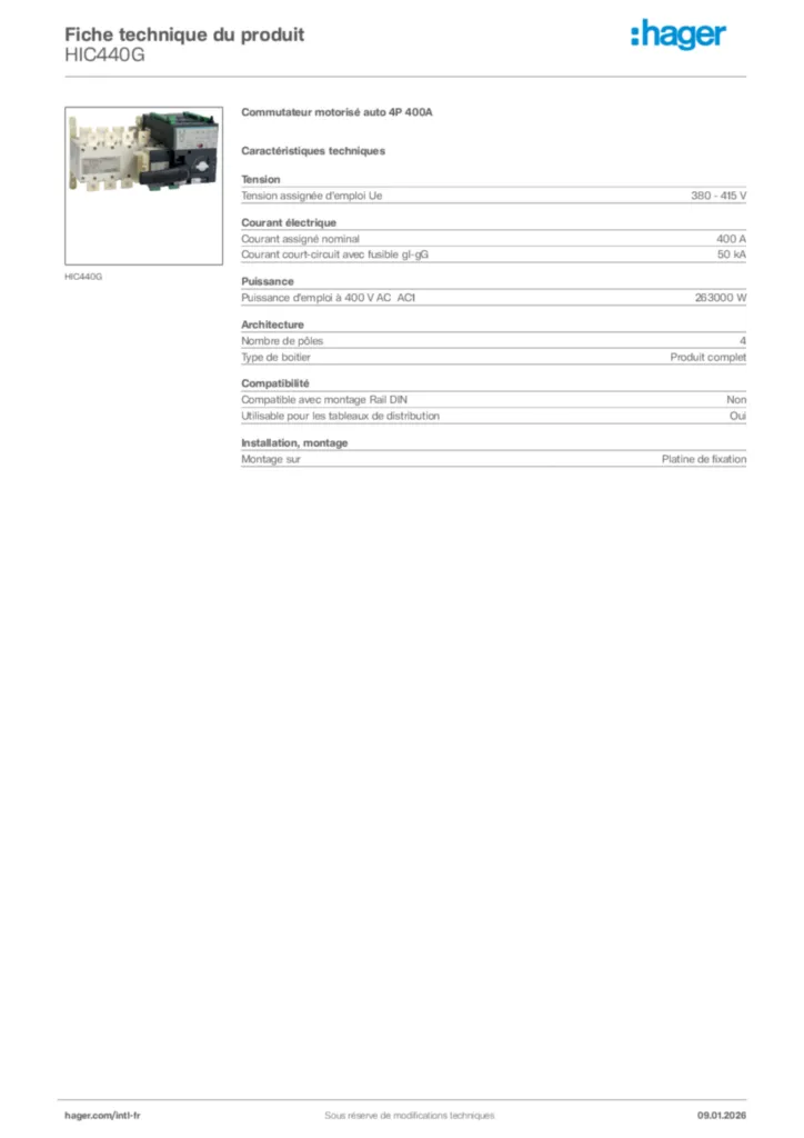 Image Hager Fiche technique du produit HIC440G | Hager Afrique