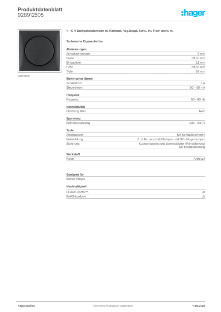 Bild Berker Produktdatenblatt 928912505 | Hager Deutschland