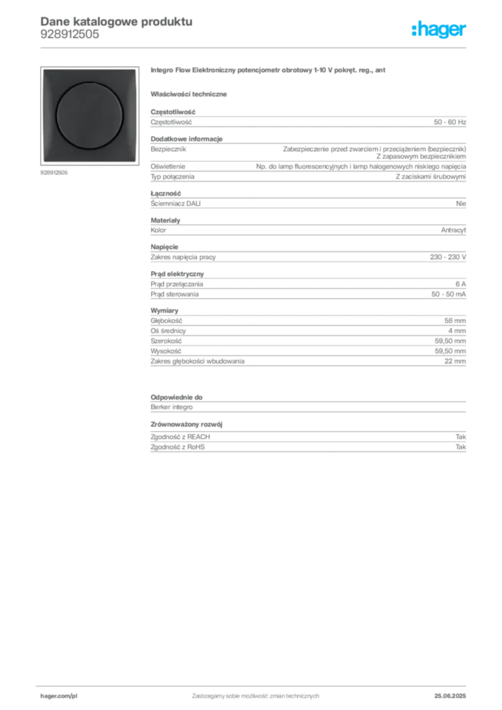 Zdjęcie Hager Karta katalogowa 928912505 | Hager Polska