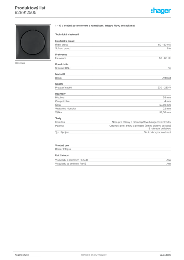 Obrázek Hager Produktový list 928912505 | Hager