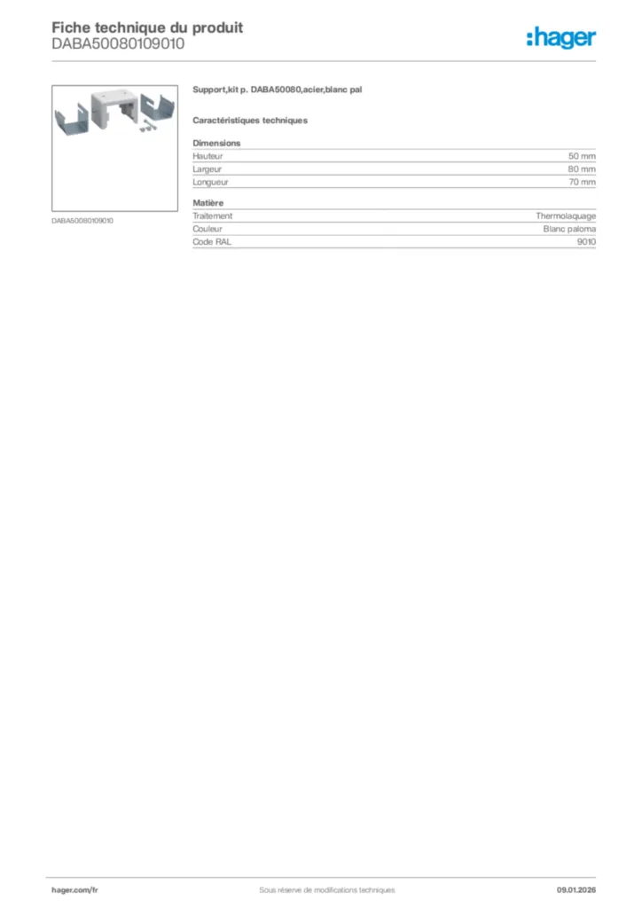 Image Hager Fiche technique du produit DABA50080109010 | Hager France