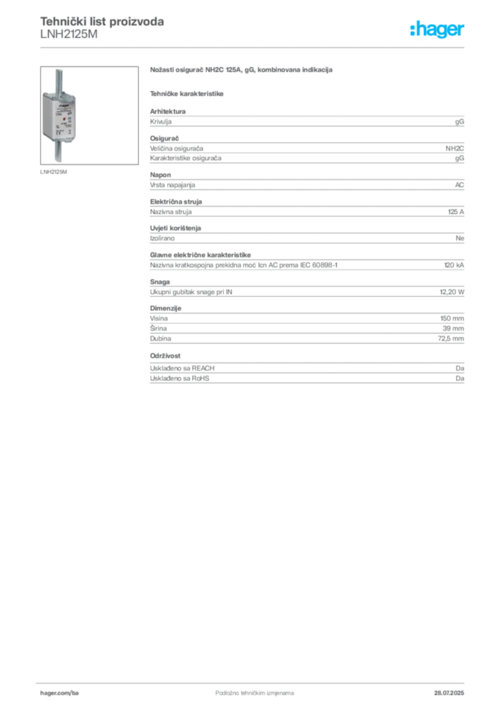 Slika Hager Product data sheet LNH2125M  | Hager