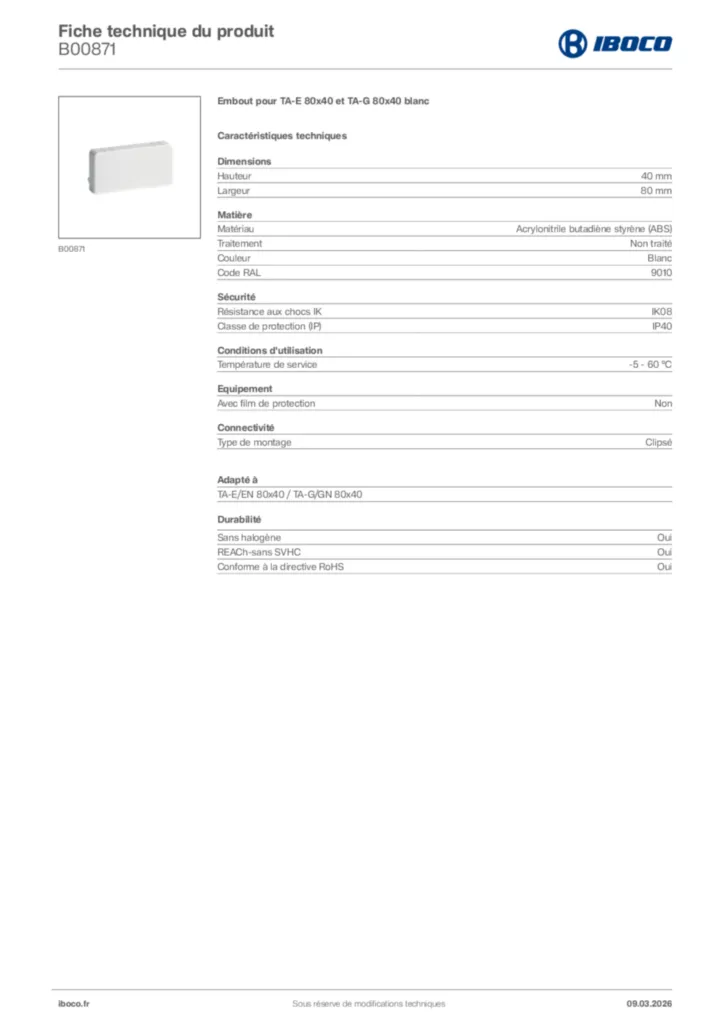 Image Iboco Fiche technique du produit B00871 | Hager France