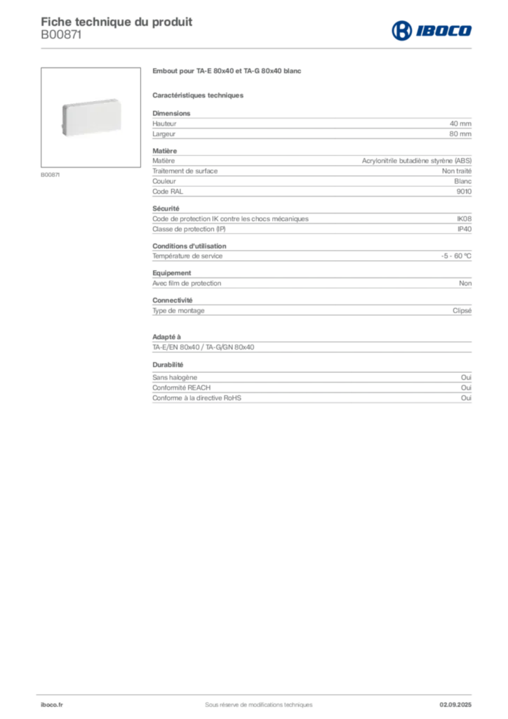 Image Iboco Fiche technique du produit B00871 | Hager France