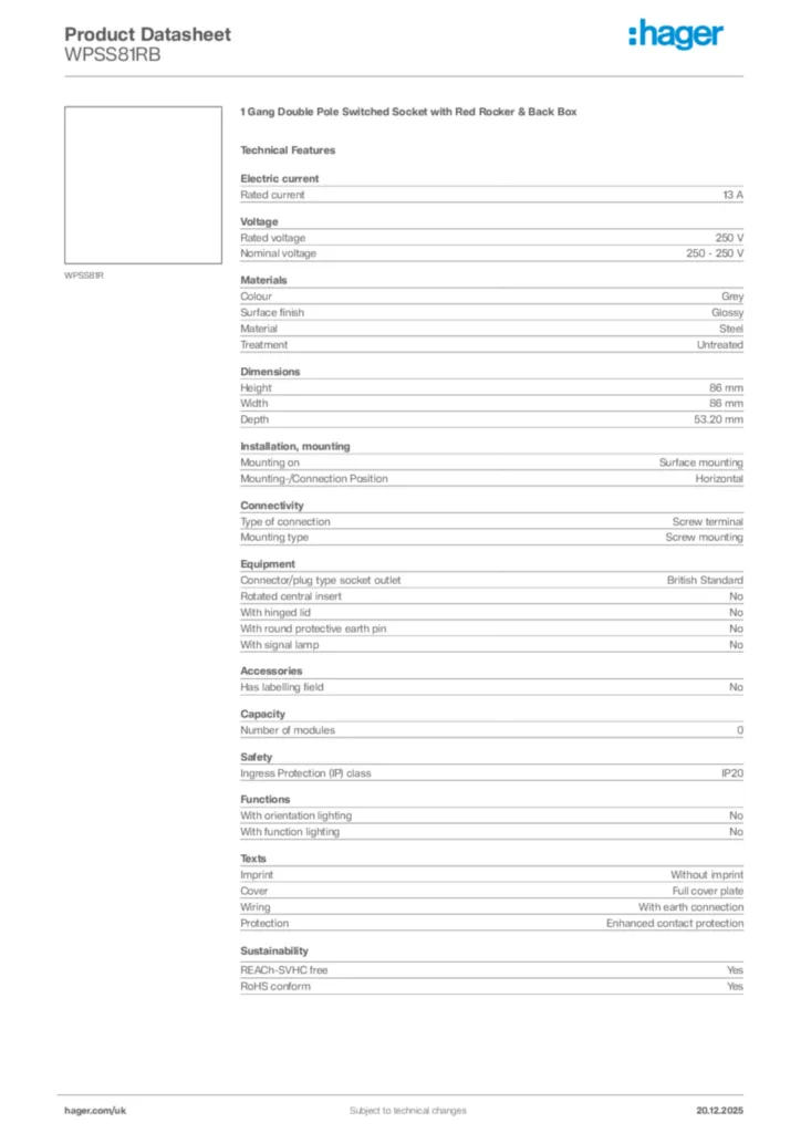 Image Hager Product data sheet WPSS81RB  | Hager