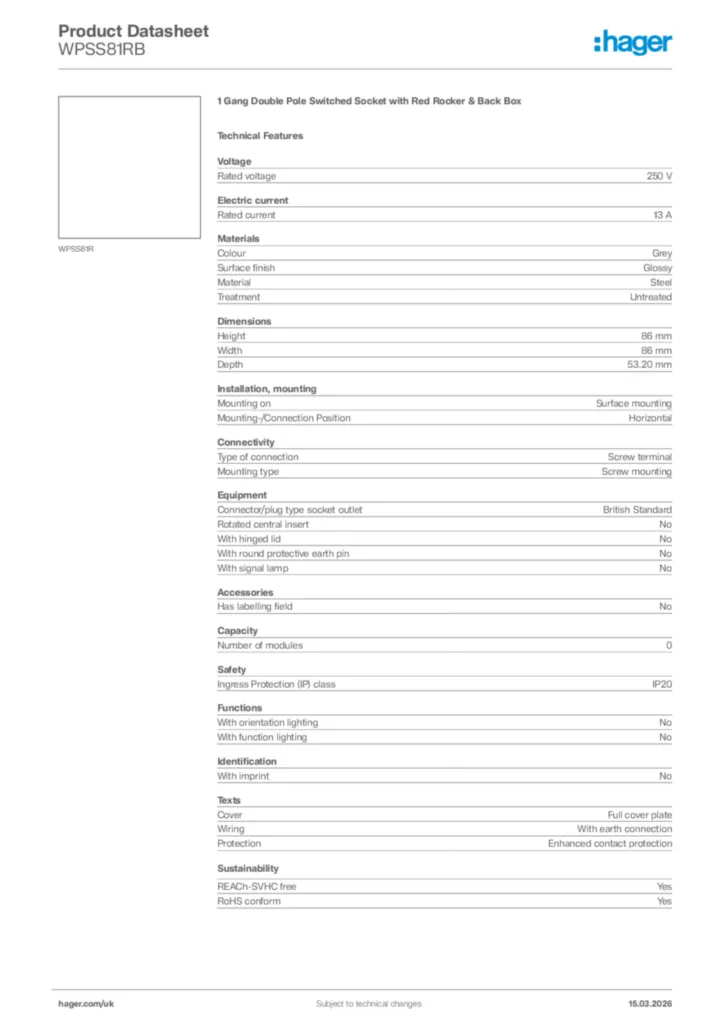 Image Hager Product data sheet WPSS81RB  | Hager