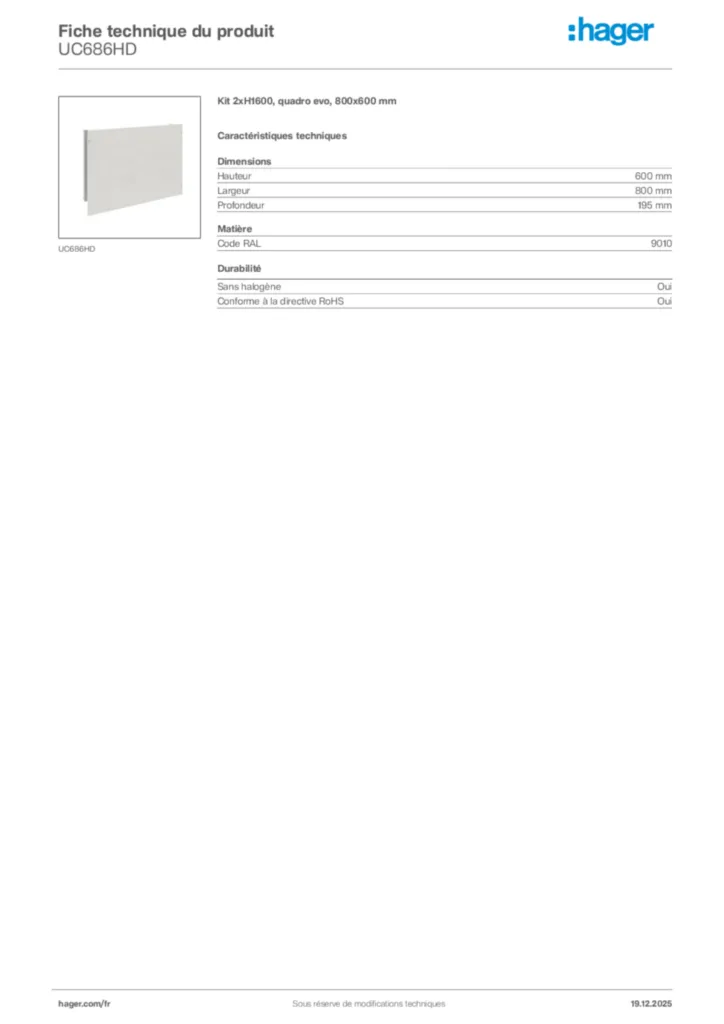 Image Hager Fiche technique du produit UC686HD | Hager France