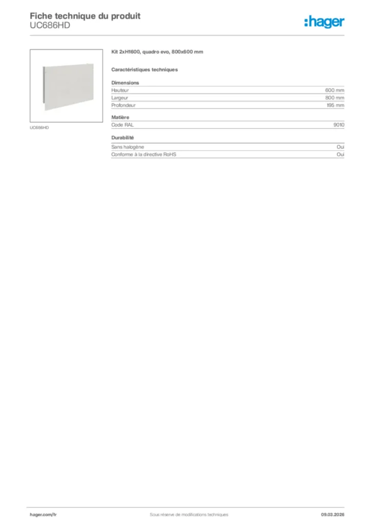 Image Hager Fiche technique du produit UC686HD | Hager France