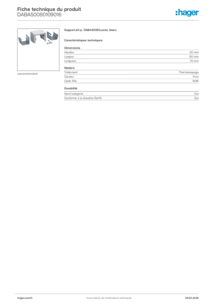 Image Hager Fiche technique du produit DABA50080109016 | Hager France