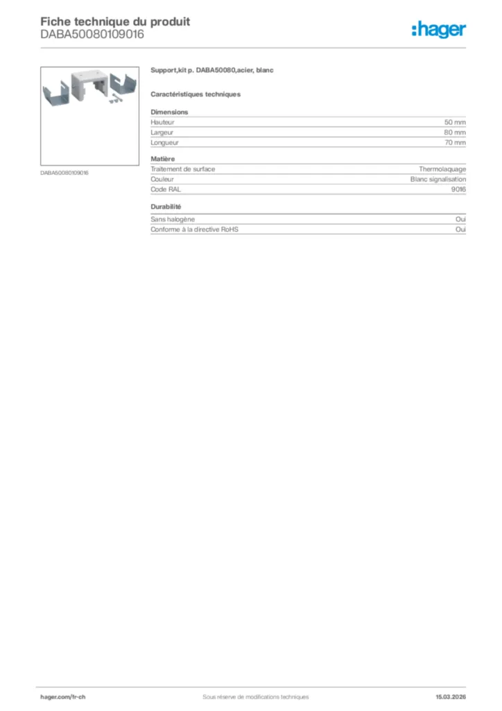 Image Hager Fiche technique du produit DABA50080109016 | Hager Suisse