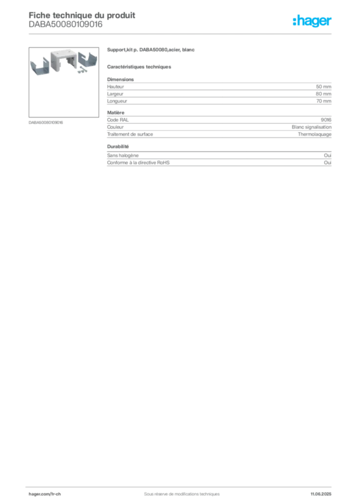 Image Hager Fiche technique du produit DABA50080109016 | Hager Suisse