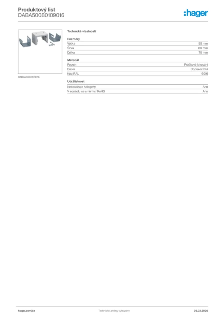 Obrázek Hager Product data sheet DABA50080109016 | Hager